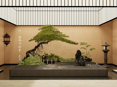 Indoor landscape landscaping Japanese-style courtyard sketch stone dry landscape tree pine tree stone lamp floor lamp water bowl model