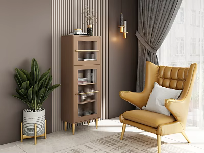 Brown Entryway Console Side Cabinet With Glass Doors Gold Legs And Yellow Armchair Green Plant 3d model