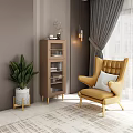 Brown Entryway Console Side Cabinet With Glass Doors Gold Legs And Yellow Armchair Green Plant