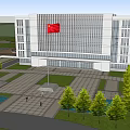 Modern Office Building Exterior With Chinese Flag Plaza Trees And People Walking
