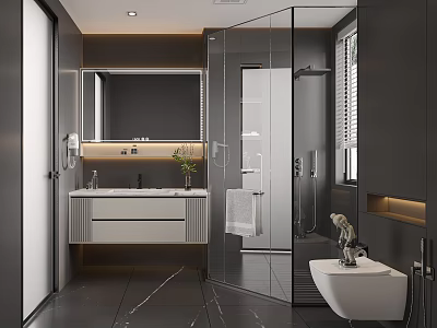 Modern Bathroom Interior With Glass Shower Enclosure Marble Floor And Wall Hung Toilet 3d model