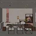 Traditional Chinese Teahouse Interior With Wooden Tables Chairs Tea Sets And Decorative Paintings