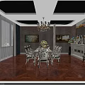 Elegant Dining Room Interior With Chandelier Dining Table Chairs Paintings And Wooden Floor
