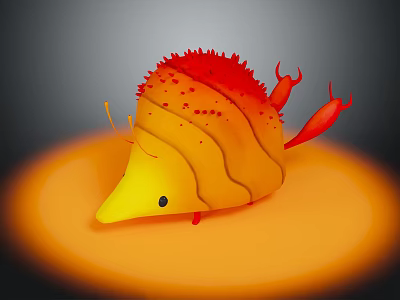 Cartoon Character And Creature With Yellow Shell Like Body Red Spines And Orange Glow Background 3d model