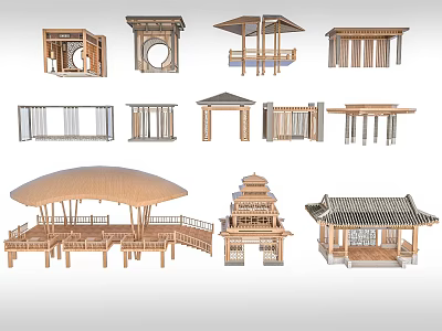 Traditional Wooden Architectural Structures With Various Designs Like Pavilions Arches And Gazebos 3d model