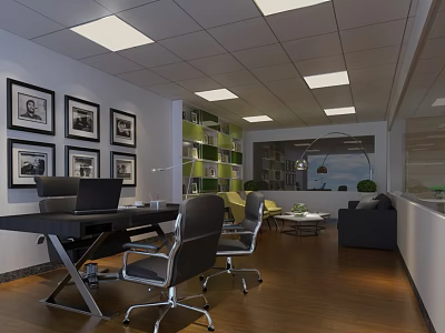 Modern Office Interior With Desk Chairs Framed Art Bookshelves Sofa And Lighting 3d model