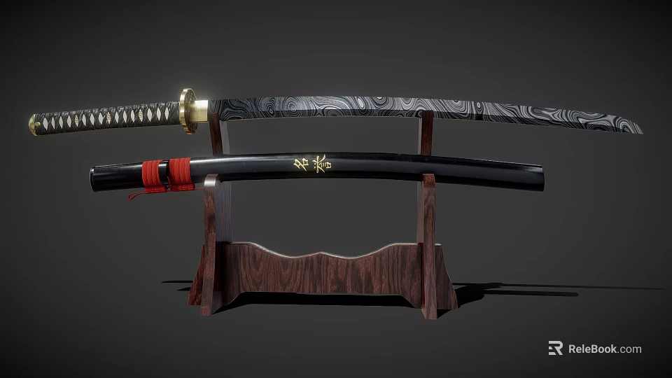 Traditional Japanese Katana on Wooden Display Stand with Red String Handle Wrapping and Black Scabbard Golden Emblem 3d model 