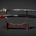 Traditional Japanese Katana on Wooden Display Stand with Red String Handle Wrapping and Black Scabbard Golden Emblem