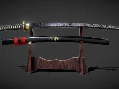 Traditional Japanese Katana on Wooden Display Stand with Red String Handle Wrapping and Black Scabbard Golden Emblem 3d model