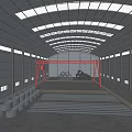 Steel Structure Workshop Interior With Red Gantry Crane Black Coils And Metal Materials