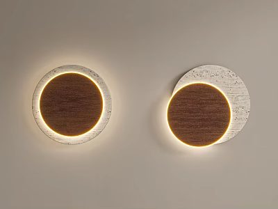 Modern Round Wall Lamps With Wooden Panels And Illuminated Frames On Light Wall 3d model