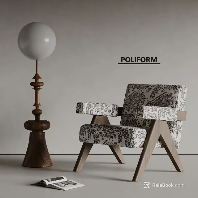 Modern Leisure Chair With Patterned Fabric Upholstered Wooden Frame And Spherical Lampshade Wooden Base Poliform 3d model 