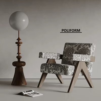 Modern Leisure Chair With Patterned Fabric Upholstered Wooden Frame And Spherical Lampshade Wooden Base Poliform 3d model