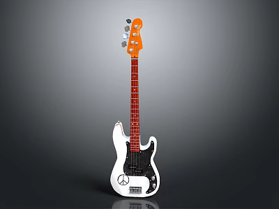 Electric Bass Guitar With White Body Orange Headstock Red Neck And Peace Sign Design 3d model