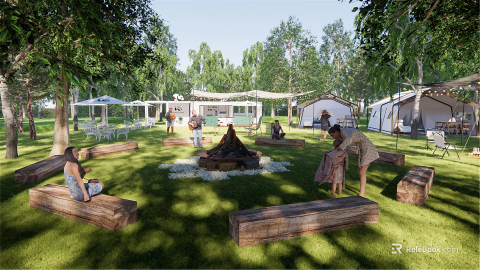 Garden Landscape With Tents Bonfire Wooden Benches Green Grass And Shady Trees 3d model 