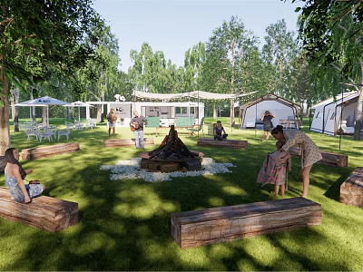 Garden Landscape With Tents Bonfire Wooden Benches Green Grass And Shady Trees 3d model