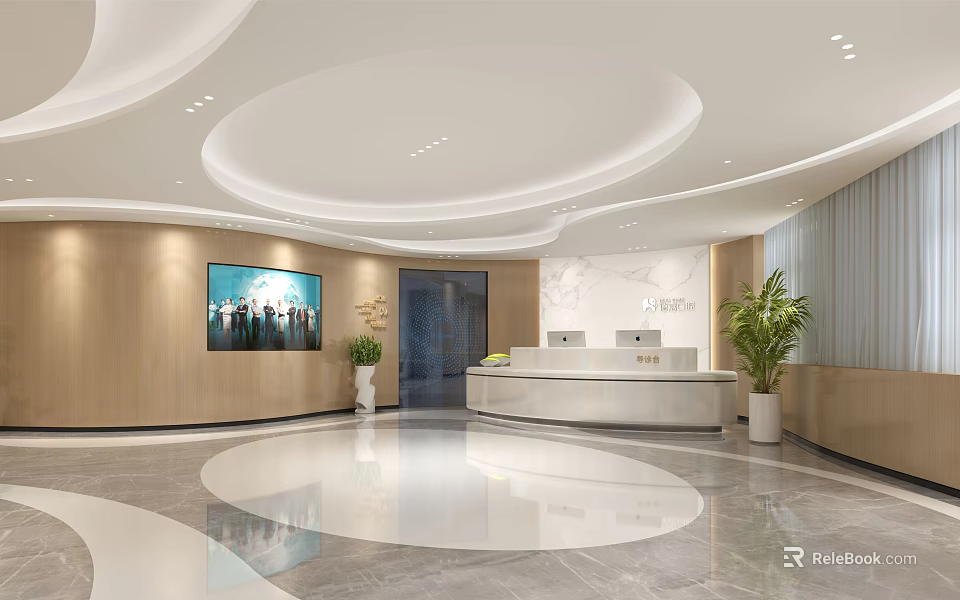 Modern Lobby Reception Area With Circular Ceiling Design Wooden Walls TV Screen And Polished Floor 3d model 