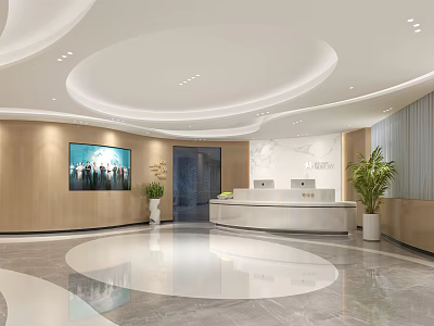 Modern Lobby Reception Area With Circular Ceiling Design Wooden Walls TV Screen And Polished Floor 3d model