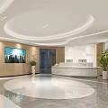 Modern Lobby Reception Area With Circular Ceiling Design Wooden Walls TV Screen And Polished Floor