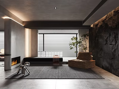 Modern Living Dining Area Interior With Stone Wall Fireplace Sofa And Large Window Plant Rug 3d model