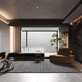 Modern Living Dining Area Interior With Stone Wall Fireplace Sofa And Large Window Plant Rug