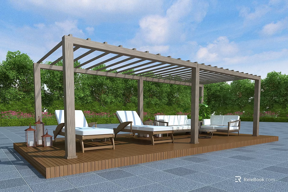 Outdoor Pergola With Wooden Deck Loungers Sofa And Green Trees Under Blue Sky 3d model 