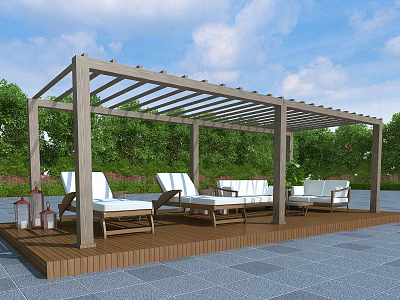 Outdoor Pergola With Wooden Deck Loungers Sofa And Green Trees Under Blue Sky 3d model