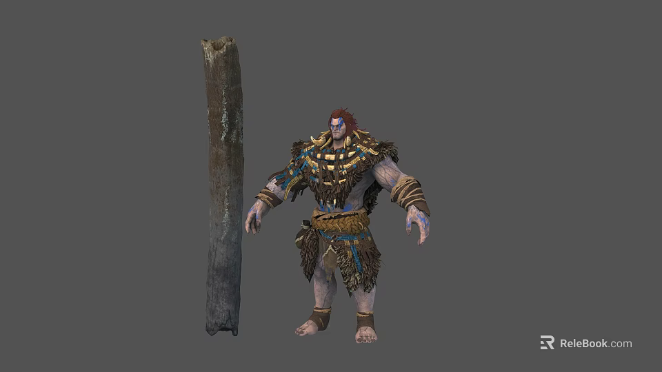 Primitive Tribal Man Standing With Decorative Fur Clothing And Large Wooden Staff 3d model 