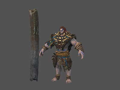Primitive Tribal Man Standing With Decorative Fur Clothing And Large Wooden Staff 3d model