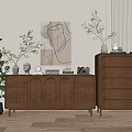 Modern Wooden Console Table And Sideboard With Green Plants Abstract Painting And Decorative Items