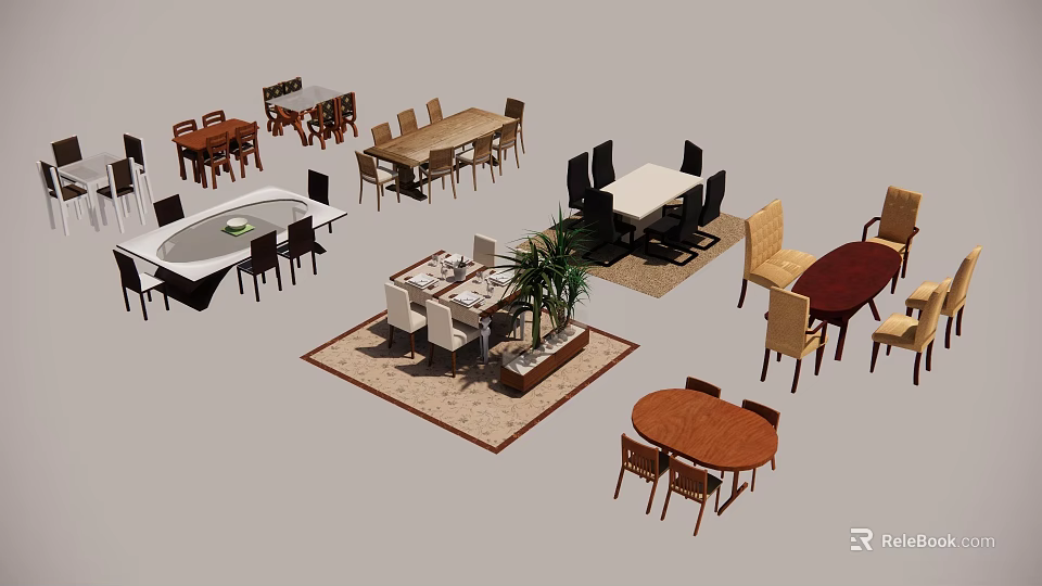 Various Dining Table Sets Featuring Rectangular Round Shapes and Matching Chairs with Rug 3d model