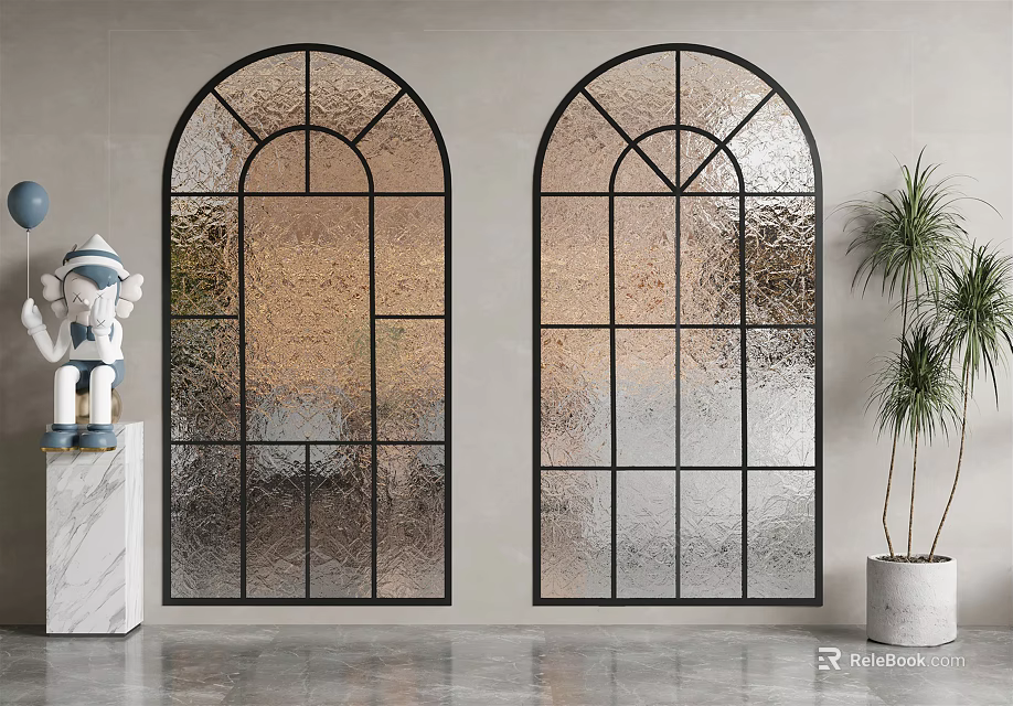 Modern Interior Featuring Arched Floor to Ceiling Windows Black Frames Textured Glass White Statue Green Plant 3d model 