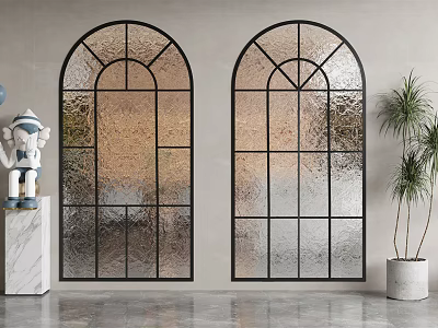 Modern Interior Featuring Arched Floor to Ceiling Windows Black Frames Textured Glass White Statue Green Plant 3d model