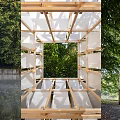 Scenic Riverside View With Lush Trees Wooden Pavilion And Water Reflection