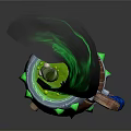 Wooden Barrel Decorative Item With Green Flame Metal Ring Green Spikes And Blue Handle