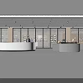 Modern Exhibition Hall Interior With White Reception Desk Display Shelves And Spotlights