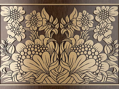 Intricate Floral Carving On Wooden Panel With Symmetrical Patterns And Detailed Petals 3d model