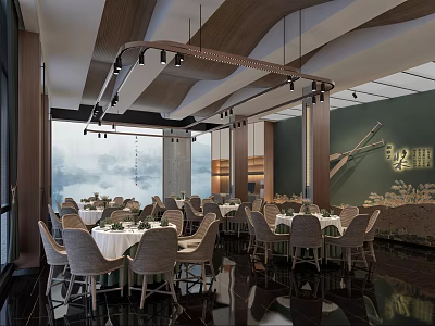 Elegant Banquet Hall Interior With Round Tables Hanging Lights And Wall Decorations 3d model