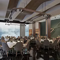 Elegant Banquet Hall Interior With Round Tables Hanging Lights And Wall Decorations