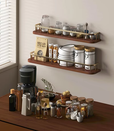 Kitchen Spice Jars Storage On Wall Mounted Shelf With Bread Box Bowls And Coffee Maker 3d model