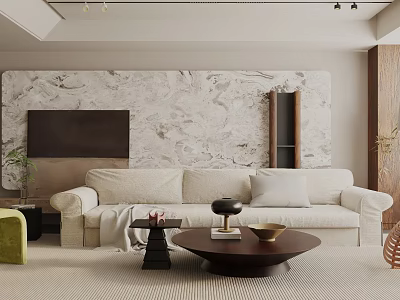 Modern Living Room Interior With Beige Sofa Marble Accent Wall TV And Coffee Table 3d model