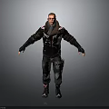 Man Wearing Black Leather Jacket With Red White Patterns Sunglasses Dark Cargo Pants Black Boots