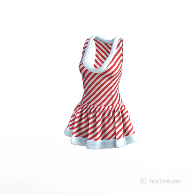 Sleeveless Red And White Striped Dress With White Fluffy Trim And Pleated Skirt 3d model 