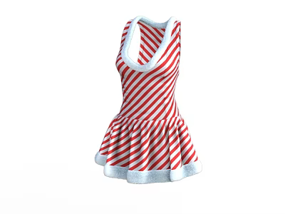 Sleeveless Red And White Striped Dress With White Fluffy Trim And Pleated Skirt 3d model
