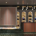 Modern Hotel Corridor With Recessed Lighting Wooden Panels Decorative Wall And Patterned Carpet