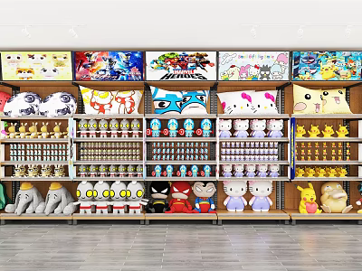 Retail Display Shelves with Various Plush Toys Collectibles and Cartoon Posters 3d model