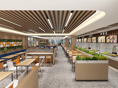 Modern Open Canteen Interior With Dining Tables Chairs Food Counters And Green Plants 3d model