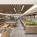 Modern Open Canteen Interior With Dining Tables Chairs Food Counters And Green Plants