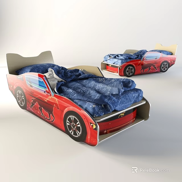 Red Car Shaped Children's Bed With Blue Bedding And Fun Design For Kids 3d model 