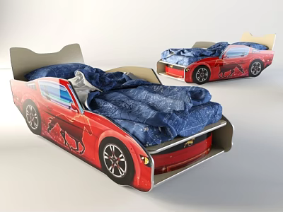 Red Car Shaped Children's Bed With Blue Bedding And Fun Design For Kids 3d model